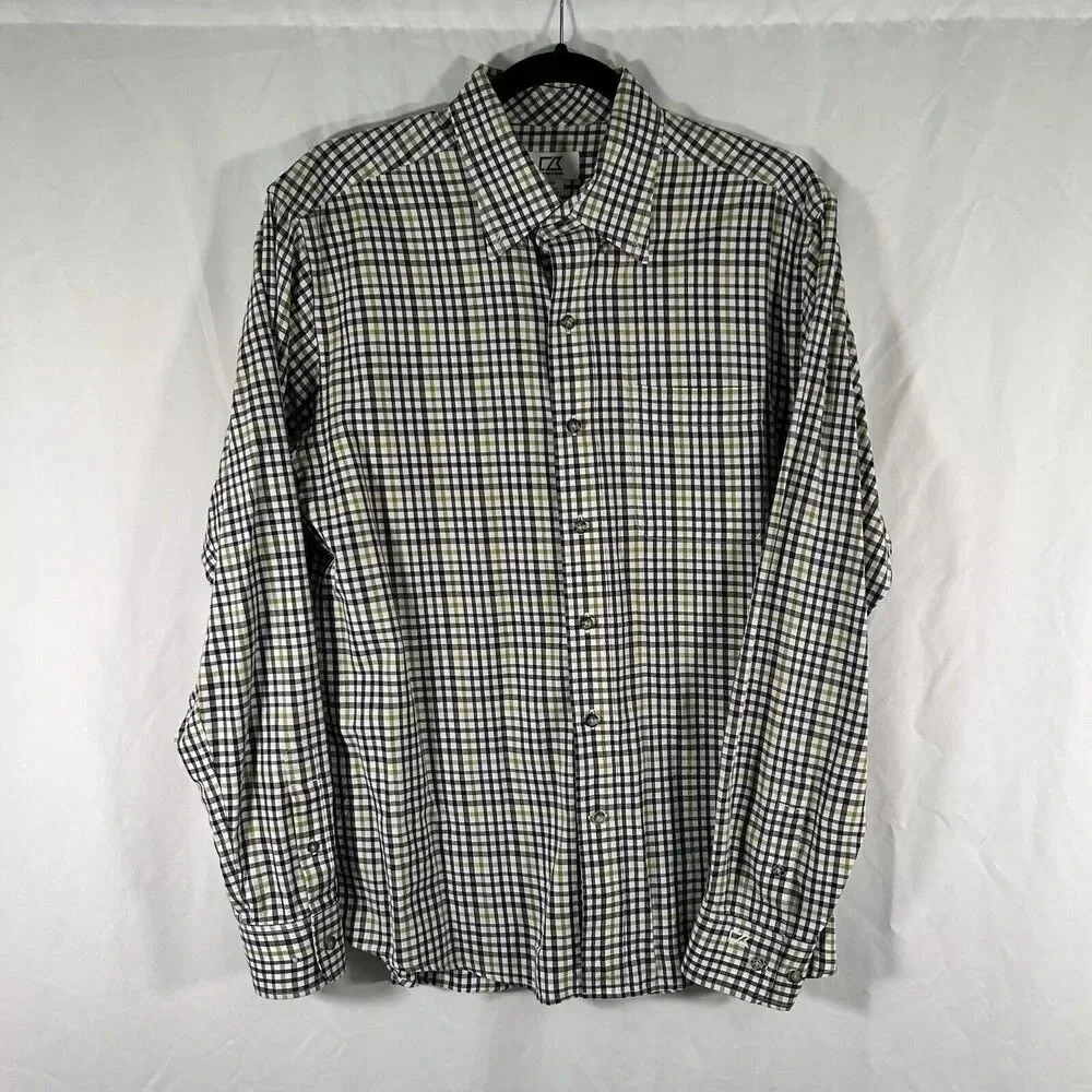 Cutter and Buck Dress Shirt Men's Medium Green White Plaid Button Up Long Sleeve